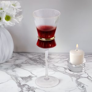 6-Pack Wine Glasses – 9oz Real Glass, Clear Ribbed Design with Gold Ring Accent, Elegant Glassware for Celebrations – 9" Tall